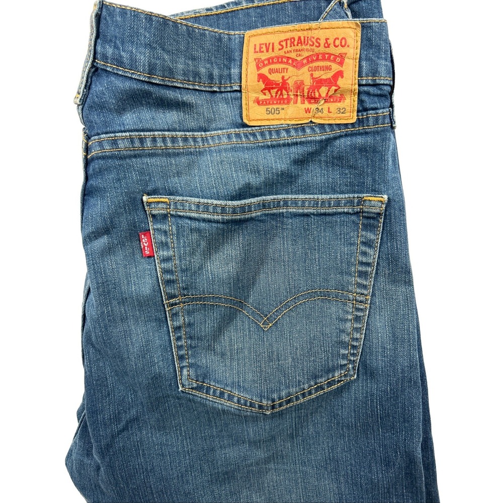 Levi's 505 Jeans Mens 34x32 Blue Medium Wash Straight Denim Zip Fly Distressed